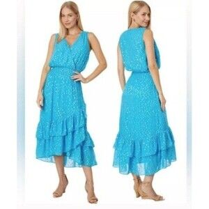 Lilly Pulitzer Womens Blue Tiered Midi Dress Dotted Print & Ruffle Hem Size XS 0